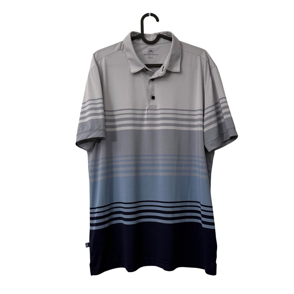 Mizzen Main Gray Blue Striped Short Sleeve Golf Polo Shirt Mens Size Large